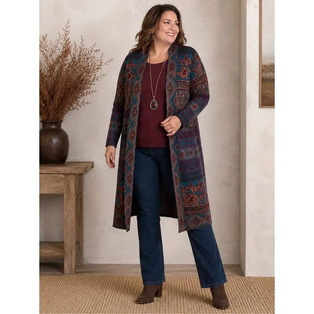 Chico’s Regal Jacquard Cardigan NWT Size 2 Multicolor Boho Duster Sweater L
